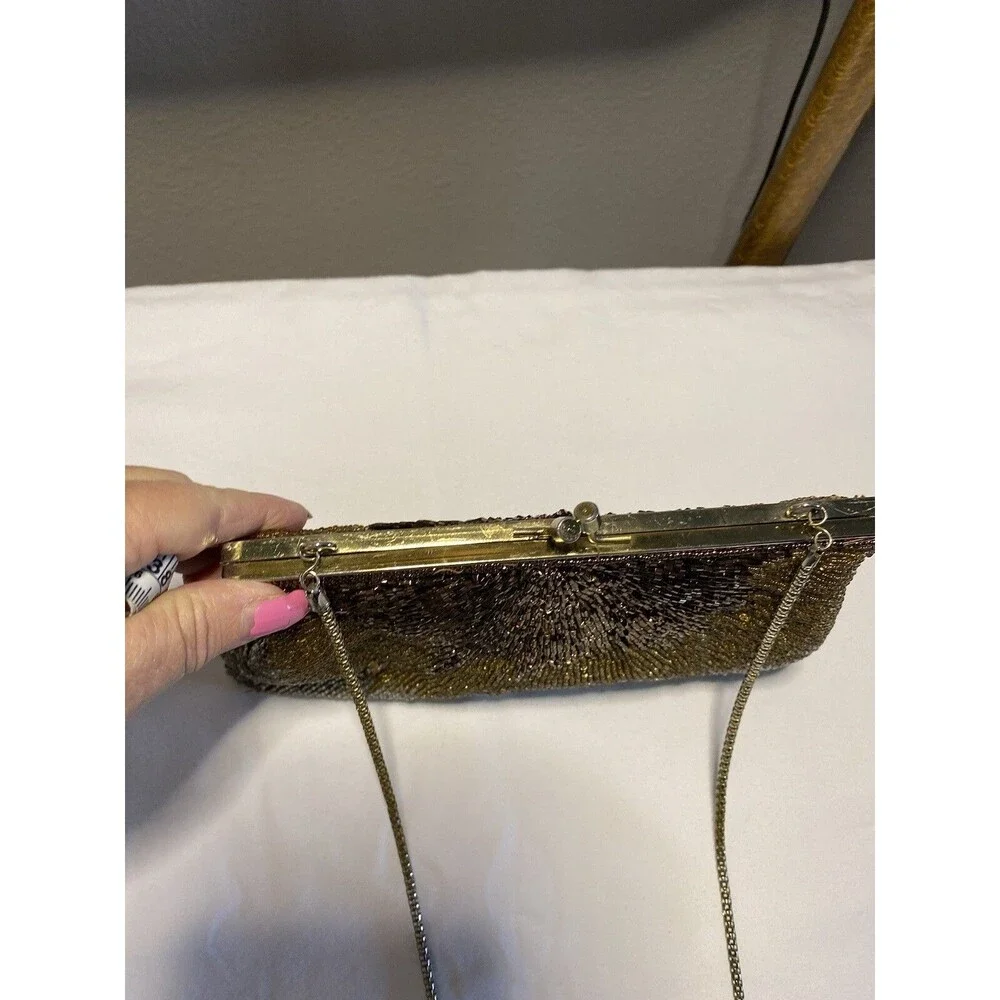 Silver, Bronze, Gold Beaded Party Purse w/Snap Kiss Closure Vintage